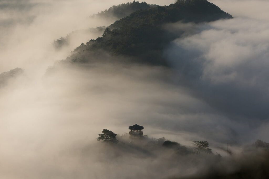 pavilion, hills, fog