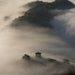 pavilion, hills, fog