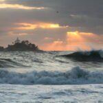 sunrise, waves, island